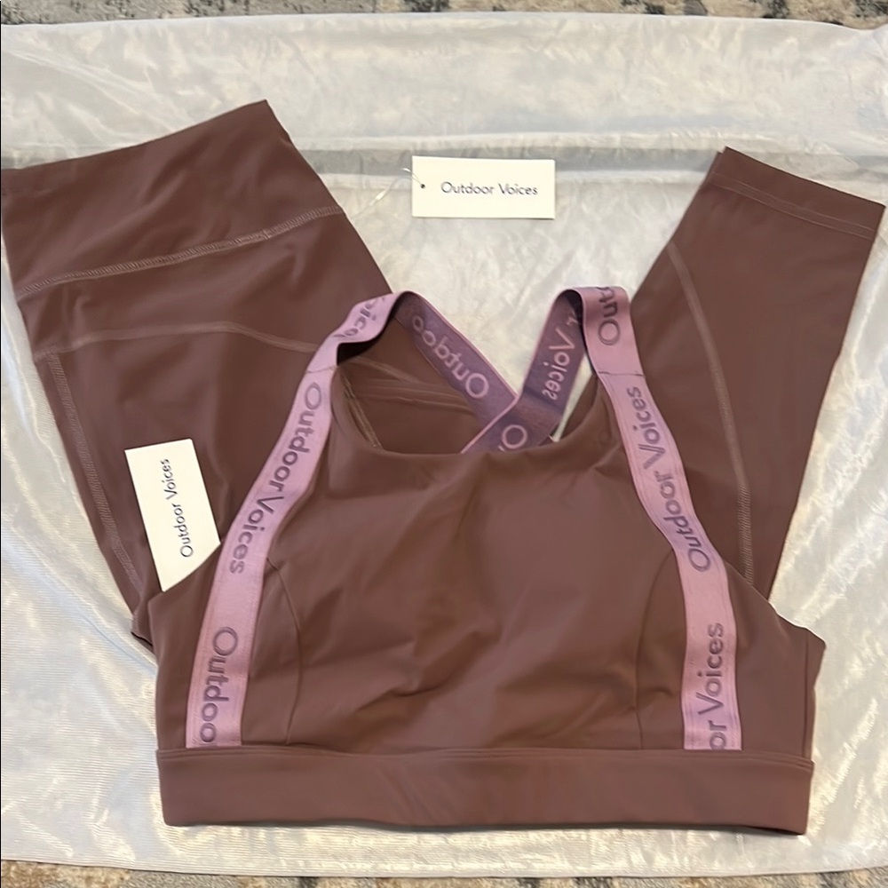 New Outdoor Voices Snacks Bra and Leggings SET in Taupe/ Purple, Size Medium